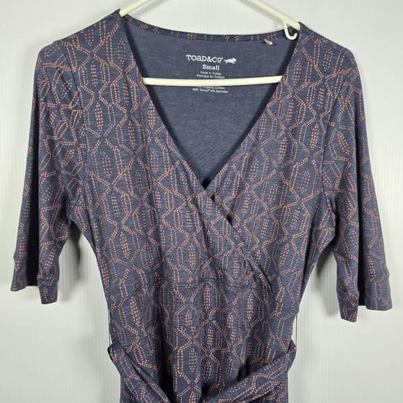 Toad & Co Dress Womens Cue Faux Wrap Cafe Dress Blue Batik Elbow Sleeve Size S - Picture 3 of 13